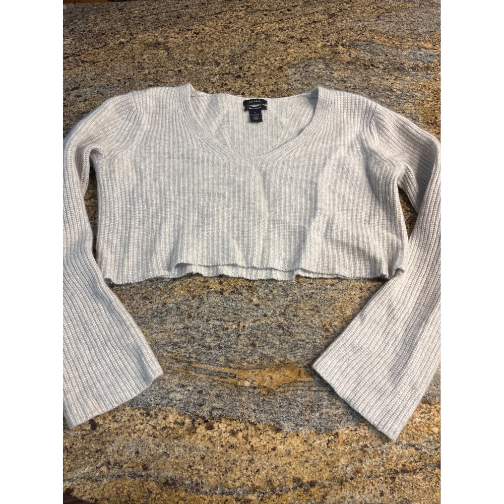 Halogen Womens 100% Cashmere Ribbed V-Neck Cropped Sweater Light Grey Medium